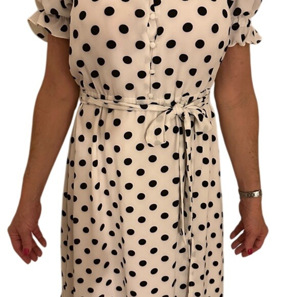 Polka Dot Midi Dress White Black Tie Waist Button Front‎ Ruffle Hem